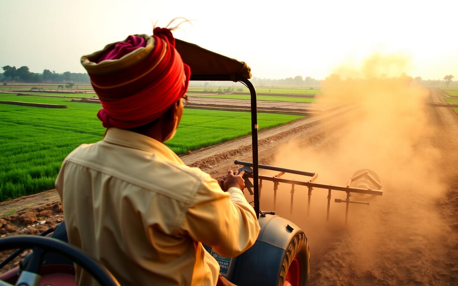 Farmer operating a tractor with a mounted cultivator in a field near Vidisha, Madhya Pradesh